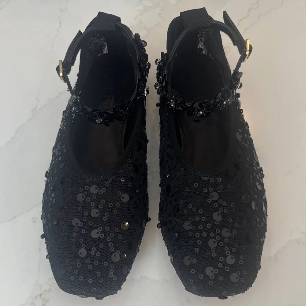 J. Crew Quinn Black Sequin And Mesh Ballet Flats w/Removable Ankle Strap Sz 7.5 - Picture 3 of 12